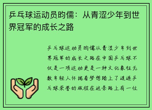 乒乓球运动员昀儒：从青涩少年到世界冠军的成长之路